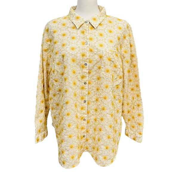 J. Jill Tops - NEW J. Jill Yellow Embroidered Floral White Button Front Collared Blouse Size XL
